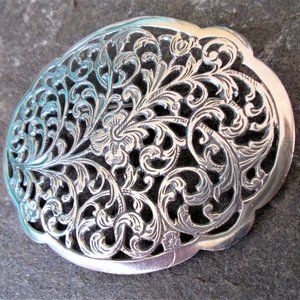 Vintage Large Sterling Silver Oval Shaped Filigree Brooch